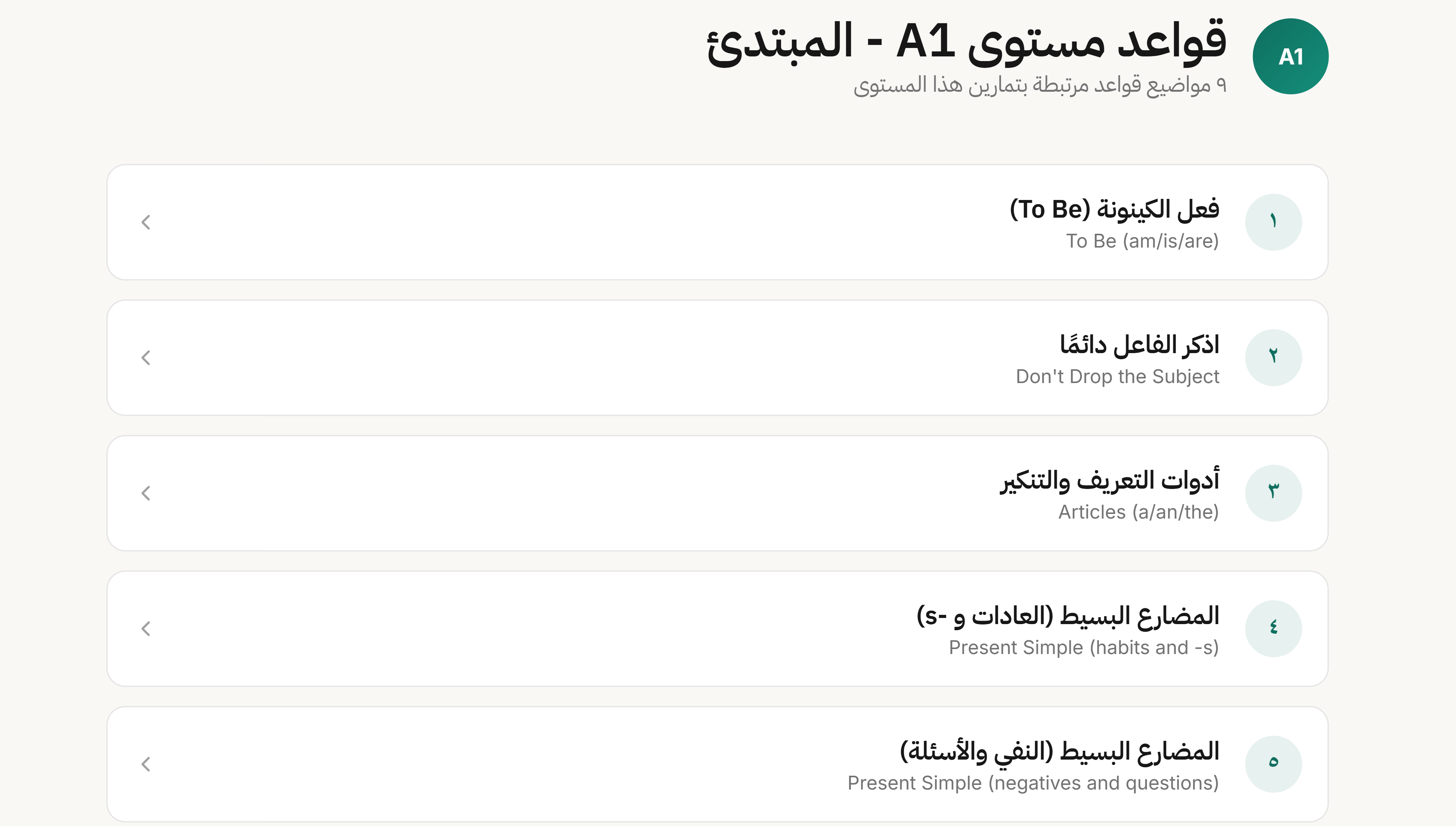 قائمة دروس القواعد لمستوى A1 في نُطقة